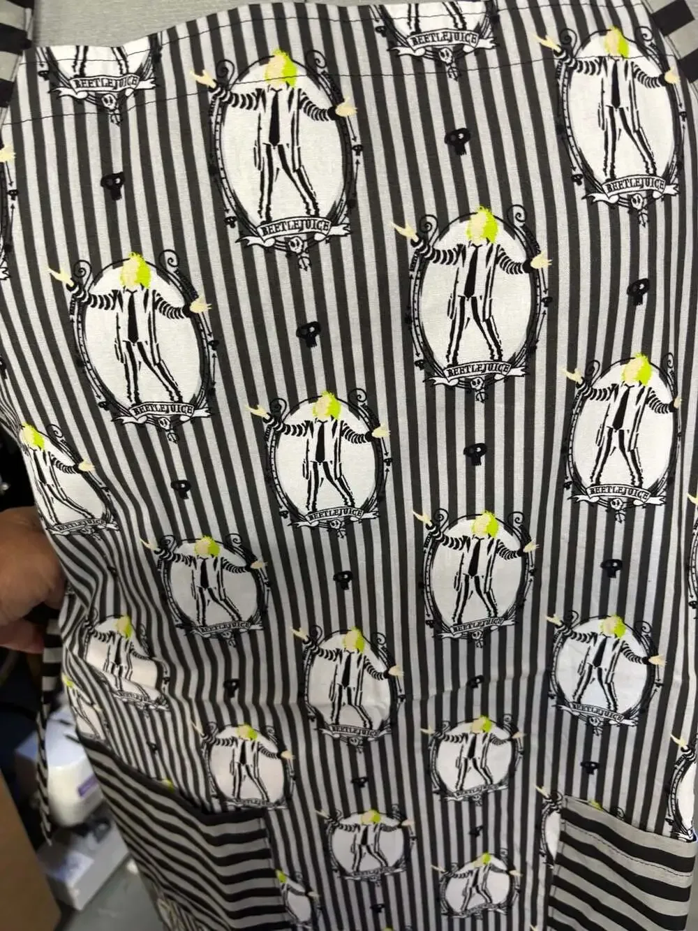 Beetlejuice Black and White Striped Character Print Bib Apron with Pockets